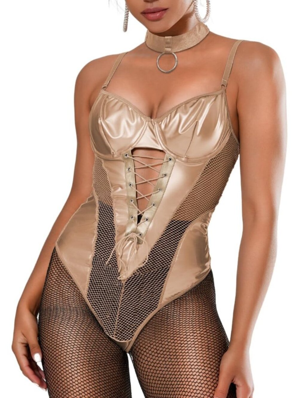 Women's Champagne Fishnet Corset Body Suit Lingerie  Rave Outfits Bodysuit Tops